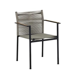 Jakarta dining armchair 56, alu Black, rope weave Grey, arm teak Natural, stackable, MOQ 4/colormix
