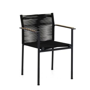 Jakarta dining armchair 56, alu Black, rope weave Black, arm teak Natural, stackable, MOQ 4/colormix