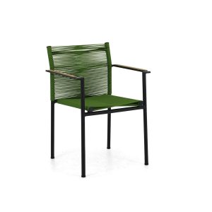 Jakarta dining armchair 56, alu Black, rope weave Olive, arm teak Natural, stackable, MOQ 4/colormix